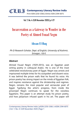 Incarceration As a Gateway to Wonder in the Poetry of Ahmed Fouad Negm