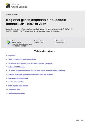 Regional Gross Disposable Household Income, UK: 1997 to 2016