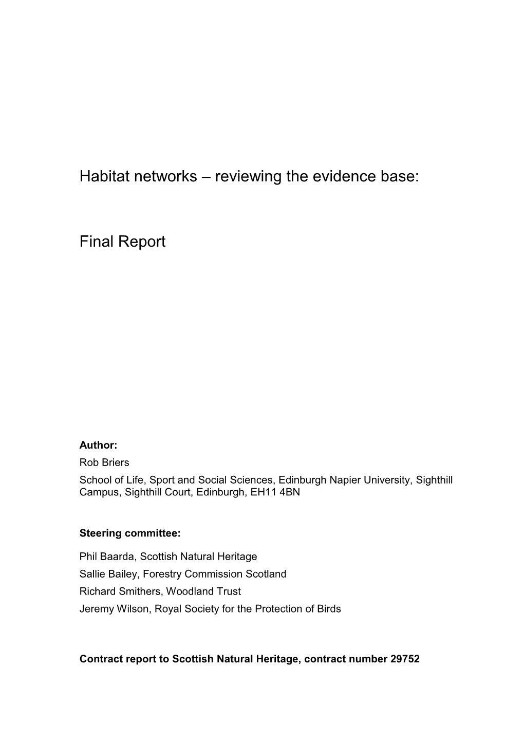 Habitat Networks – Reviewing the Evidence Base