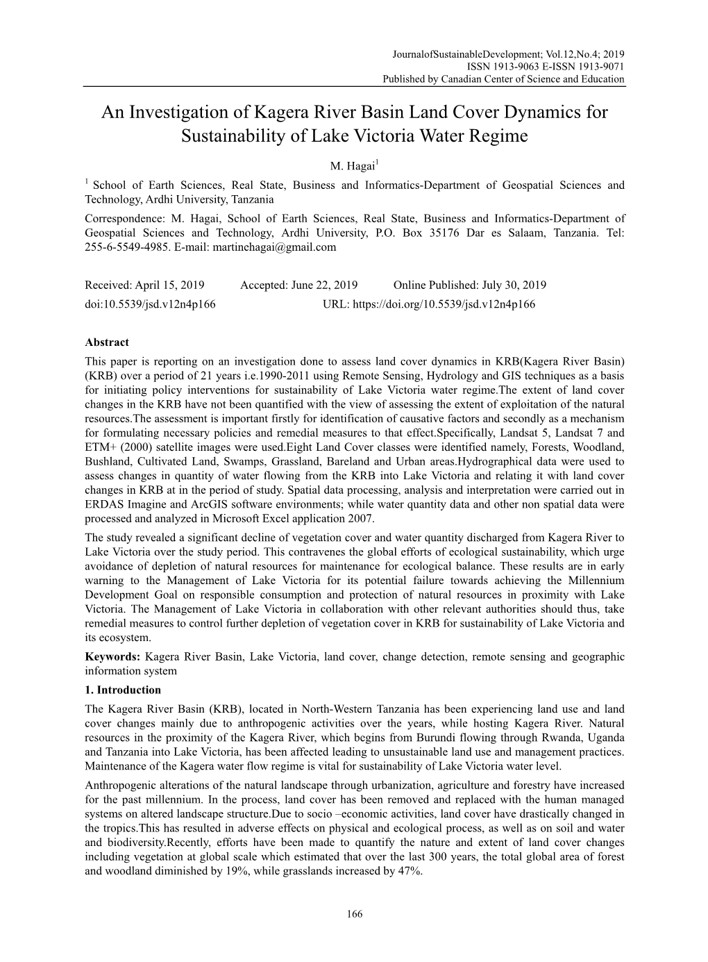 An Investigation of Kagera River Basin Land Cover Dynamics for Sustainability of Lake Victoria Water Regime