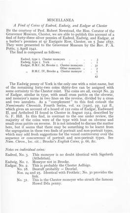 MISCELLANEA a Find of Coins of Eadred, Eadwig, and Eadgar at Chester by the Courtesy of Prof