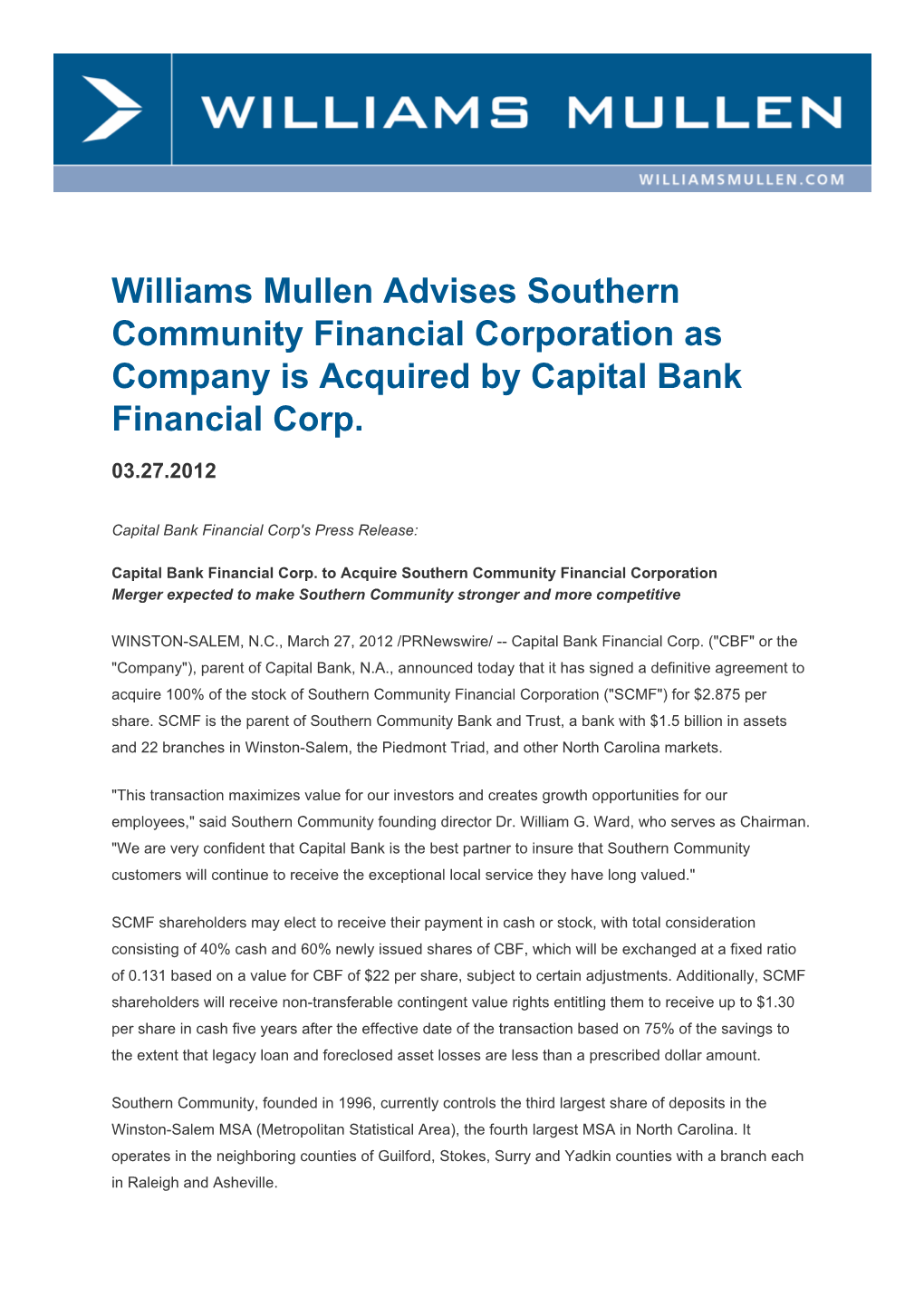 Williams Mullen Advises Southern Community Financial Corporation As Company Is Acquired by Capital Bank Financial Corp