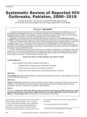 Systematic Review of Reported HIV Outbreaks, Pakistan, 2000–2019 Elizabeth M