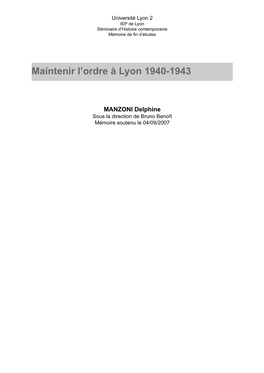 Maintenir L'ordre À Lyon 1940-1943