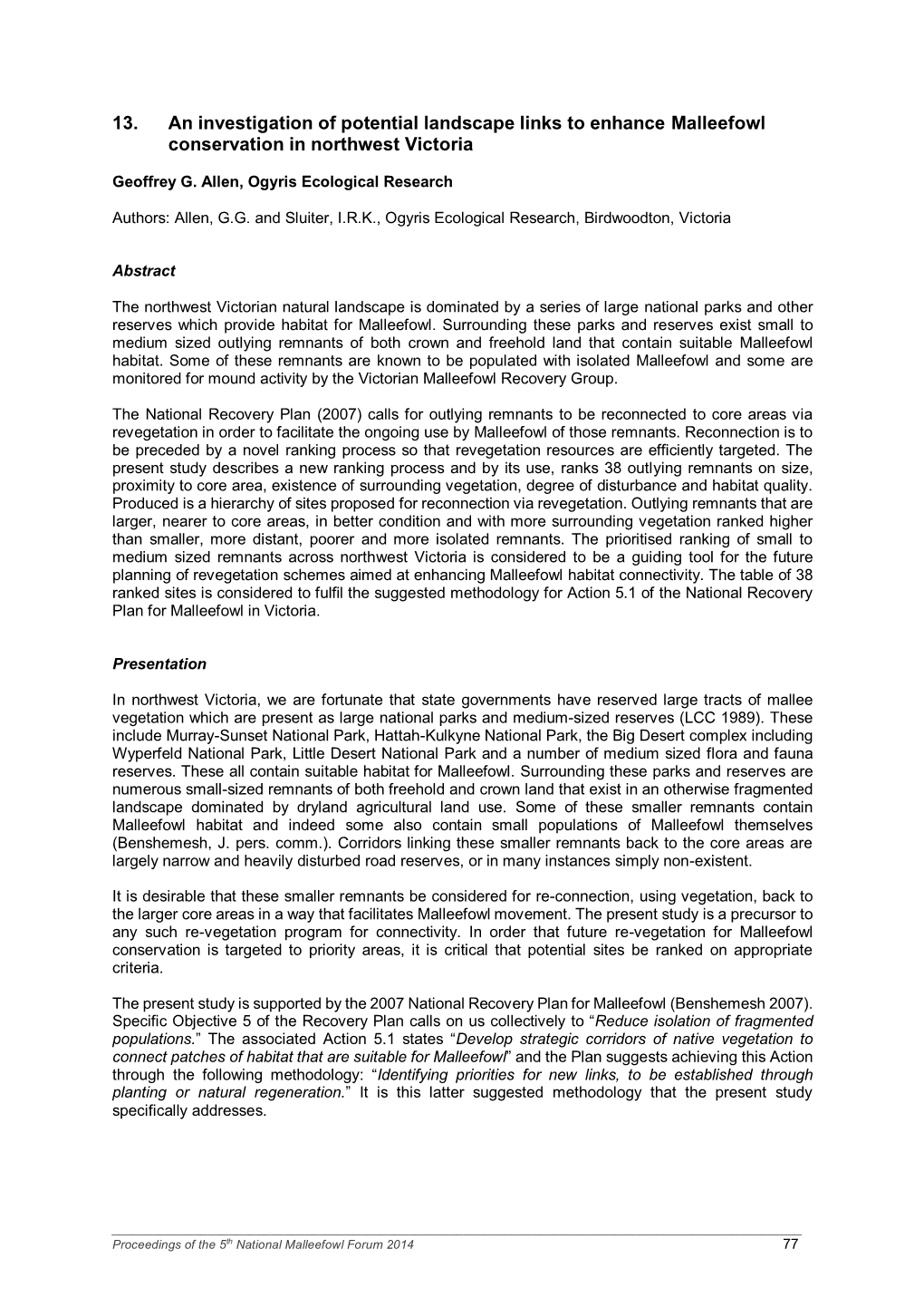 13. an Investigation of Potential Landscape Links to Enhance Malleefowl Conservation in Northwest Victoria