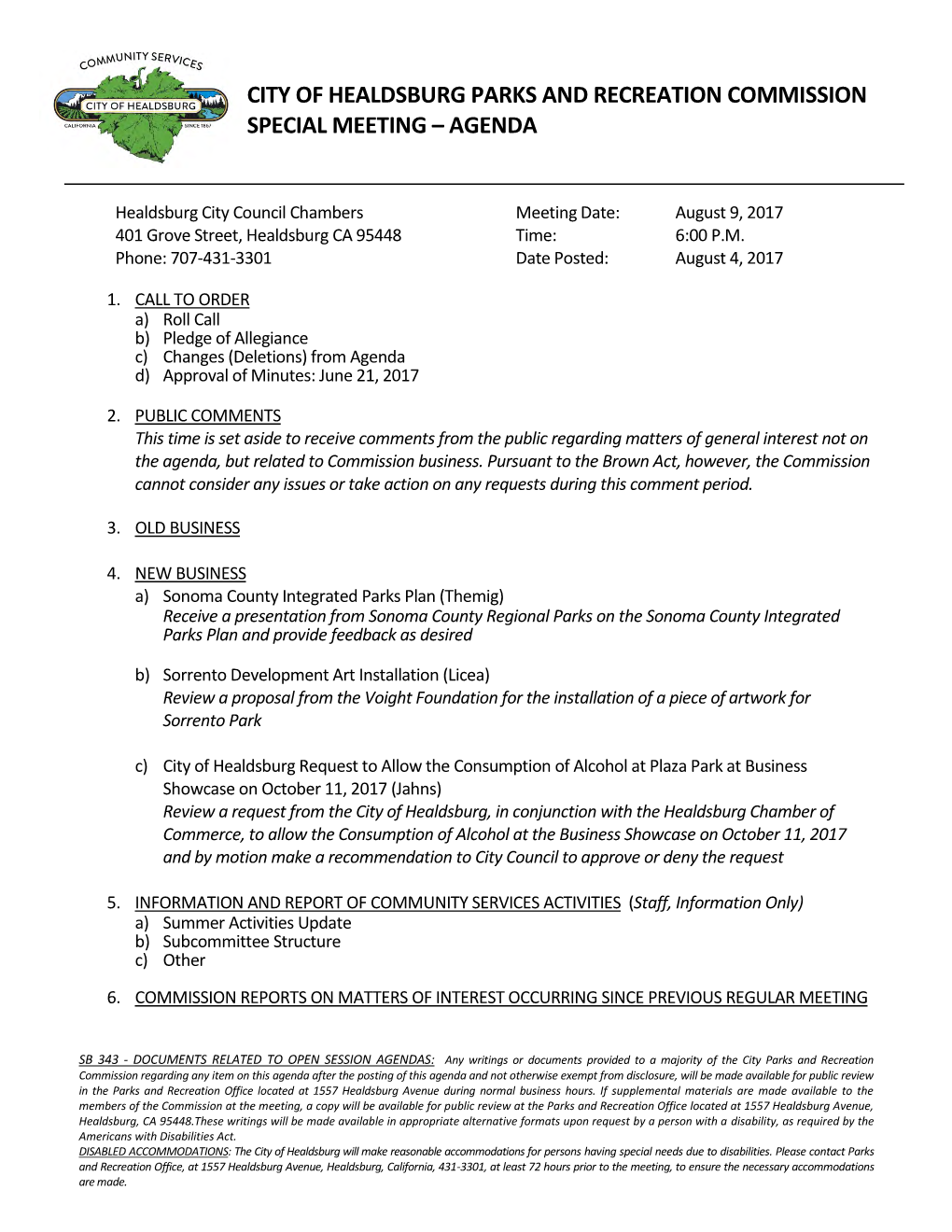 City of Healdsburg Parks and Recreation Commission Special Meeting – Agenda