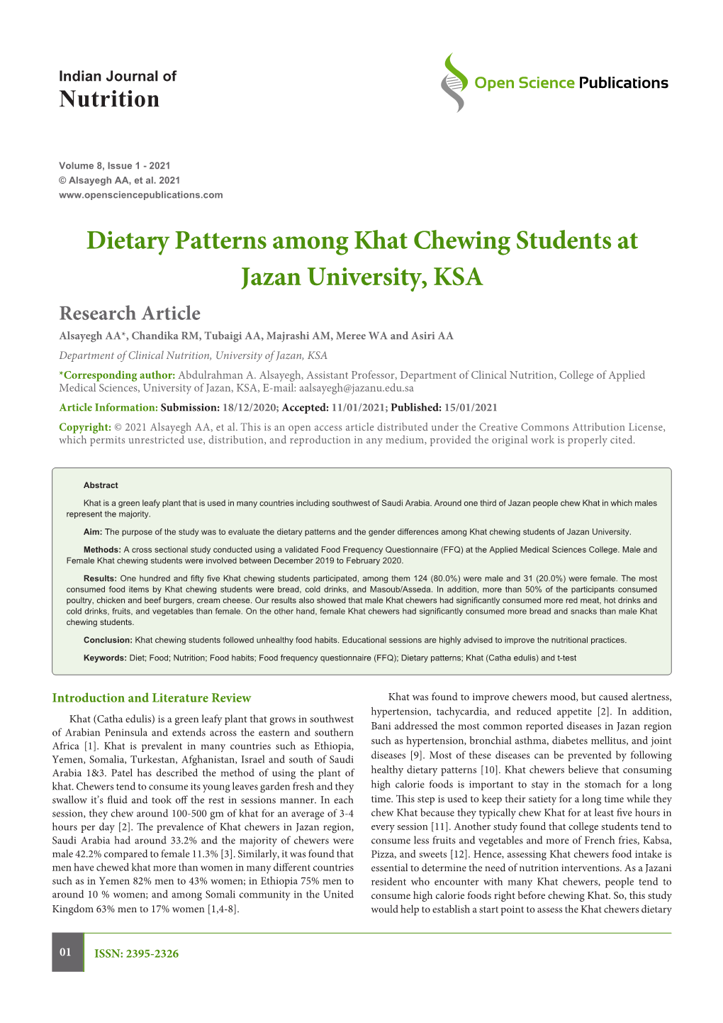 Dietary Patterns Among Khat Chewing Students at Jazan University