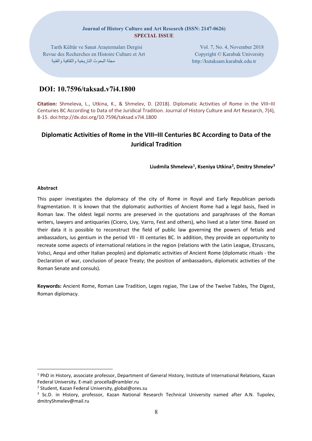 Diplomatic Activities of Rome in the VIII–III Centuries BC According to Data of the Juridical Tradition