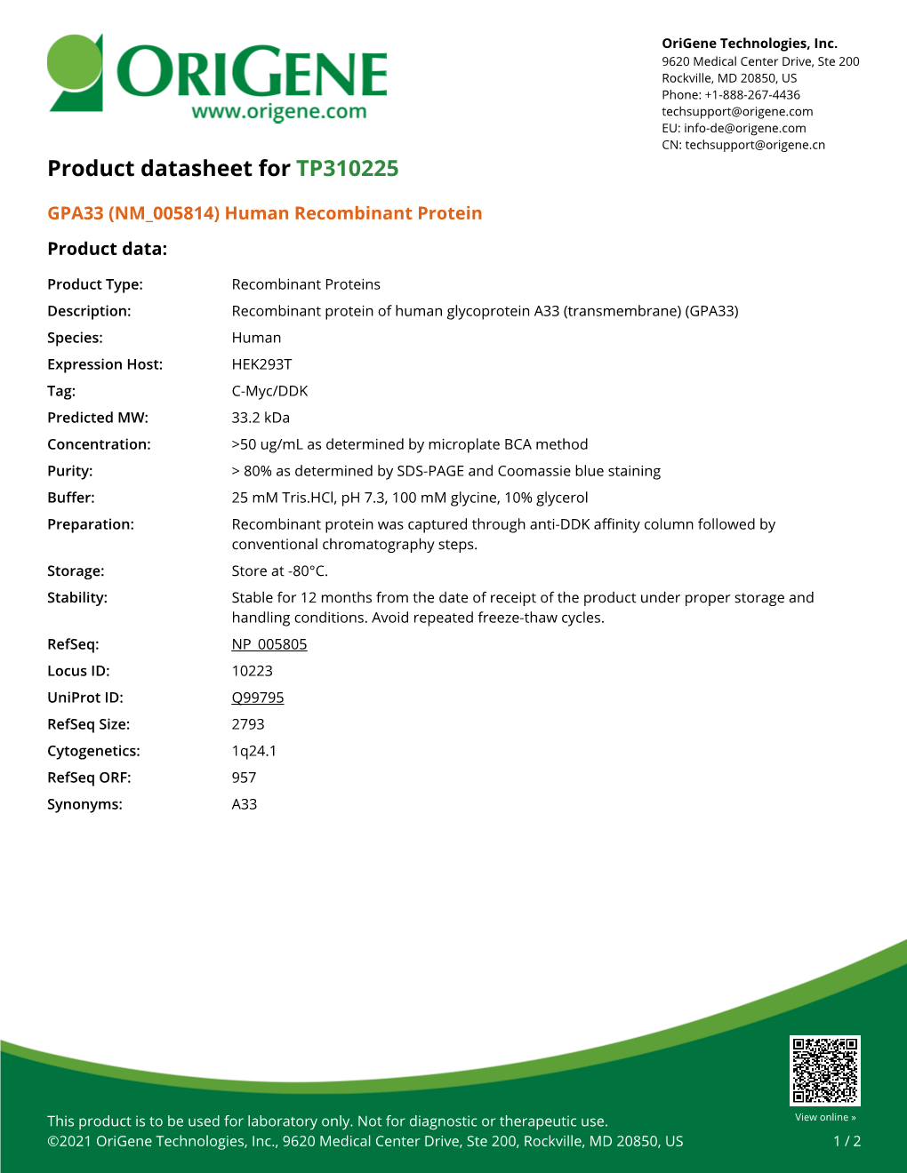 GPA33 (NM 005814) Human Recombinant Protein Product Data