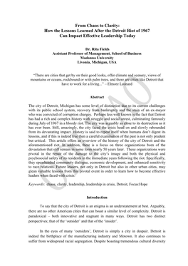 From Chaos to Clarity: How the Lessons Learned After the Detroit Riot of 1967 Can Impact Effective Leadership Today