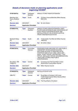 Details of Decisions Made on Planning Applications Week Beginning 5/3/2007