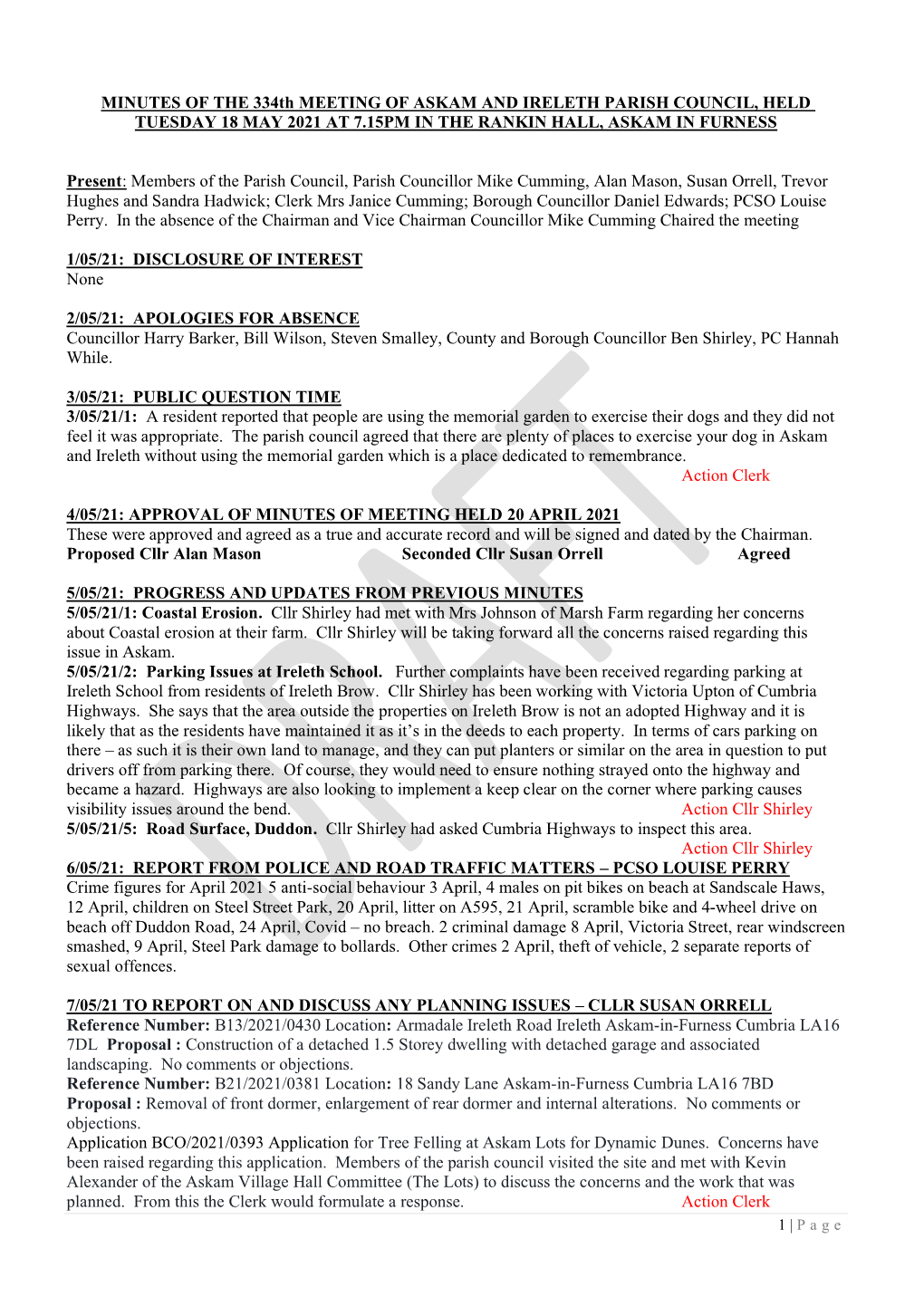 MINUTES of the 334Th MEETING of ASKAM and IRELETH PARISH COUNCIL, HELD TUESDAY 18 MAY 2021 at 7.15PM in the RANKIN HALL, ASKAM in FURNESS