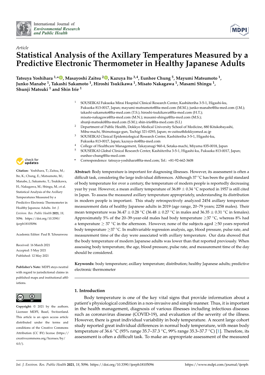 Statistical Analysis of the Axillary Temperatures Measured by a Predictive Electronic Thermometer in Healthy Japanese Adults