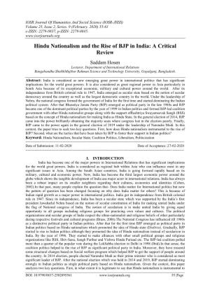 Hindu Nationalism and the Rise of BJP in India: a Critical Review