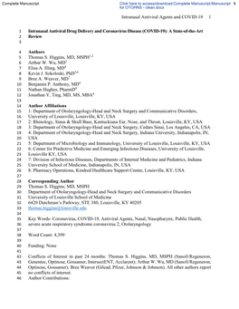 Intranasal Antiviral Agents and COVID-19 1 Intranasal Antiviral Drug Delivery and Coronavirus Disease