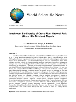 Mushroom Biodiversity of Cross River National Park (Oban Hills Division), Nigeria