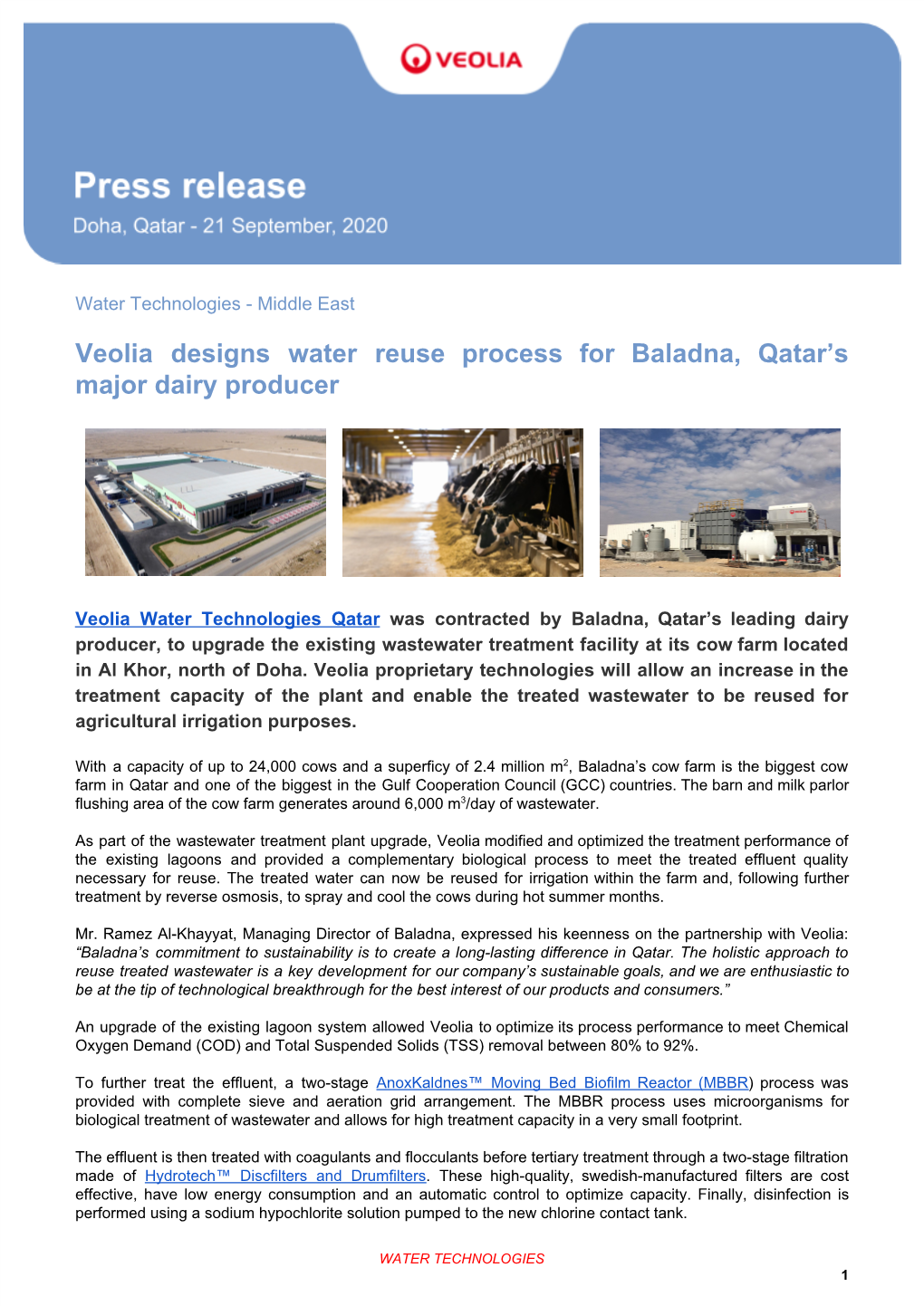 Veolia Designs Water Reuse Process for Baladna, Qatar's Major Dairy