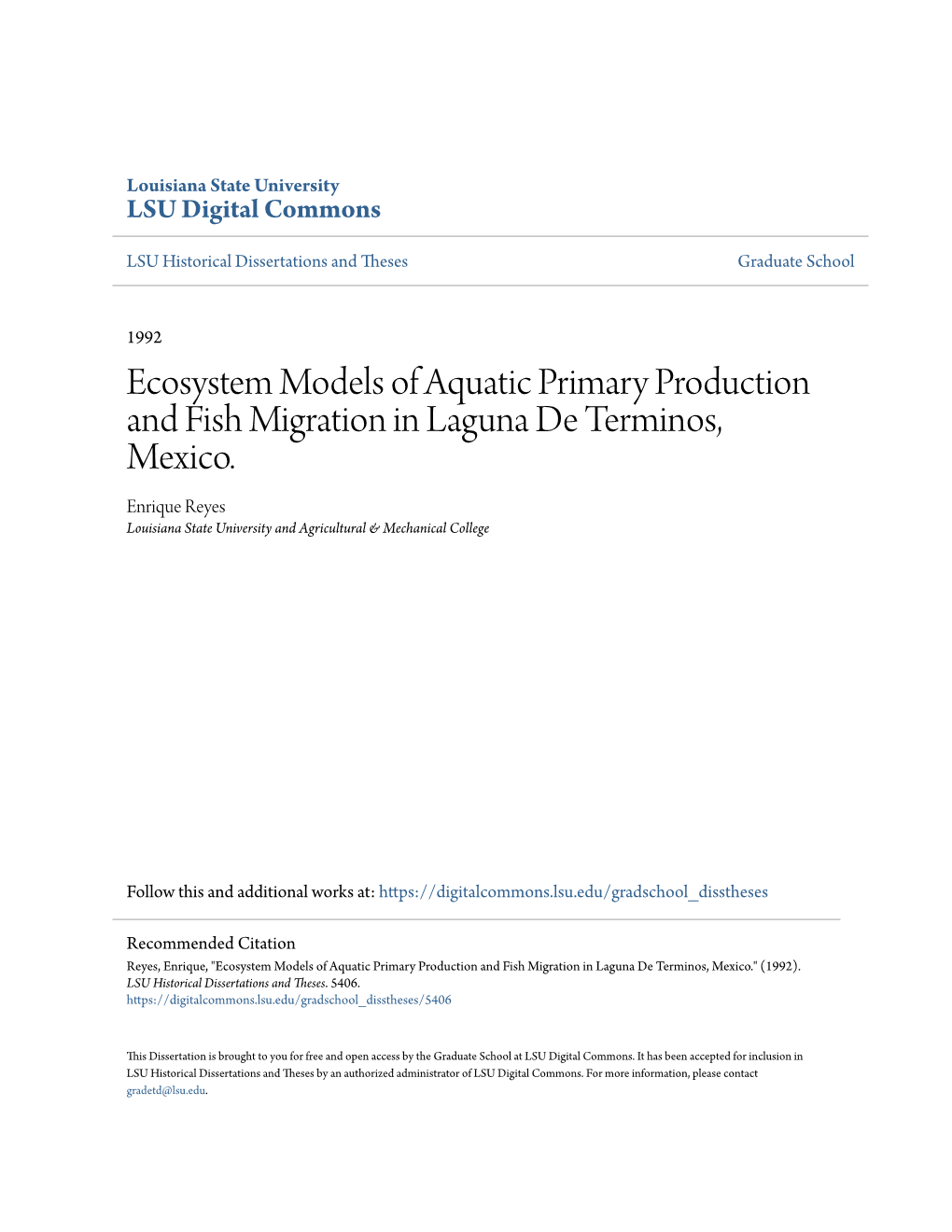 Ecosystem Models of Aquatic Primary Production and Fish Migration in Laguna De Terminos, Mexico