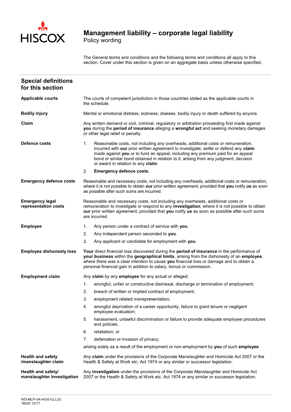 Management Liability – Corporate Legal Liability Policy Wording