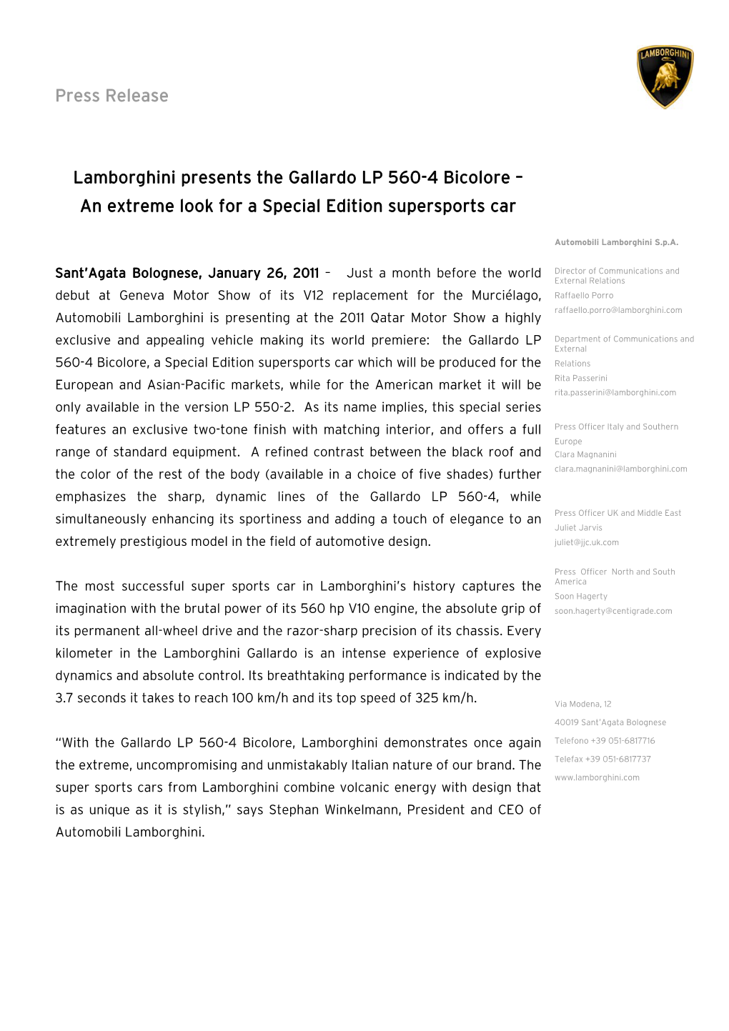Press Release Lamborghini Presents the Gallardo LP 560-4