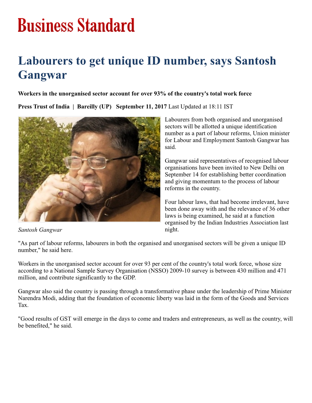 Labourers to Get Unique ID Number, Says Santosh Gangwar