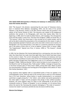 HOU HSIAO-HSIEN Retrospectiva in Filmoteca De Catalunya in Collaboration with the Asian Film Festival