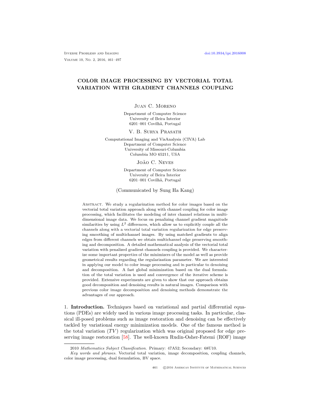 Color Image Processing by Vectorial Total Variation with Gradient Channels Coupling