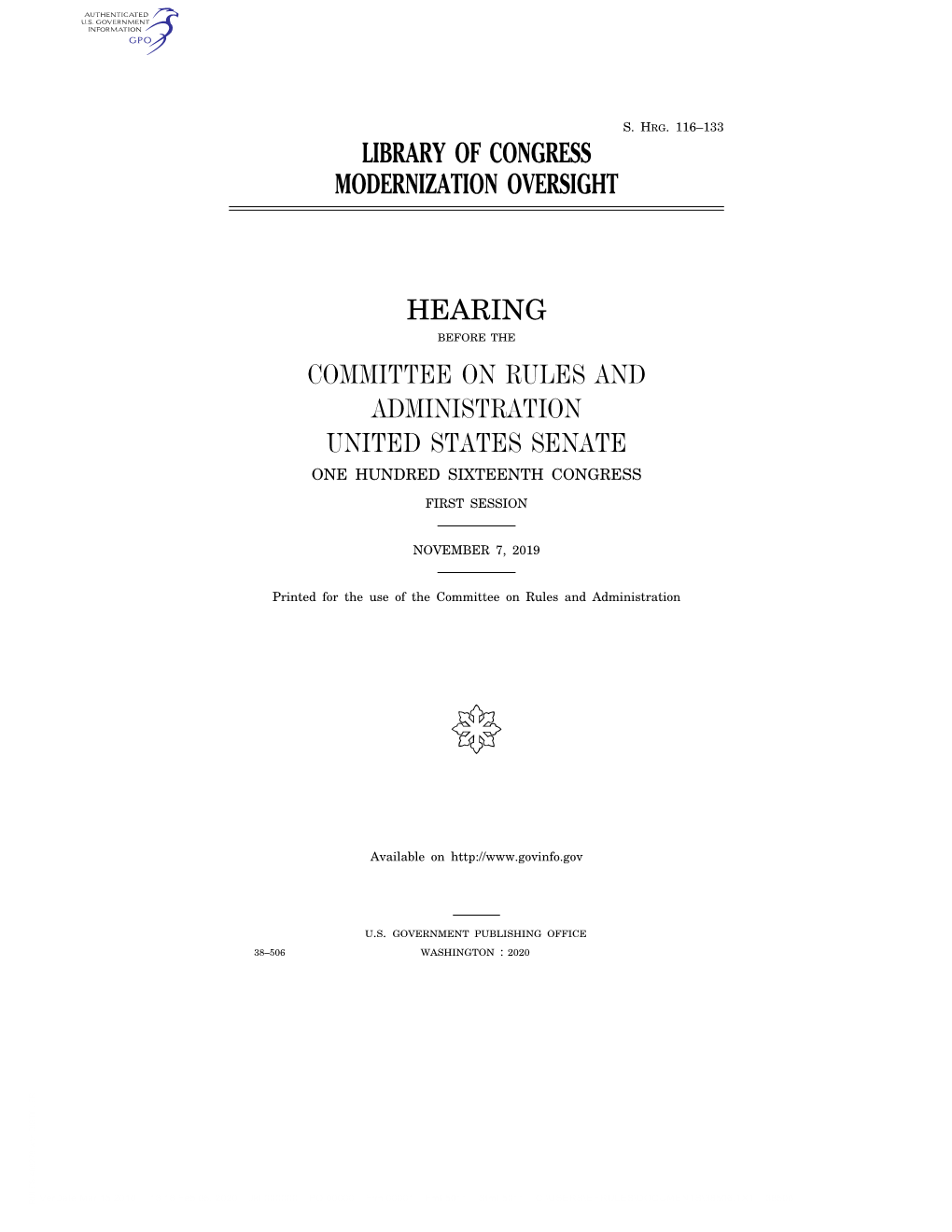 Library of Congress Modernization Oversight Hearing Committee on Rules and Administration United States Senate