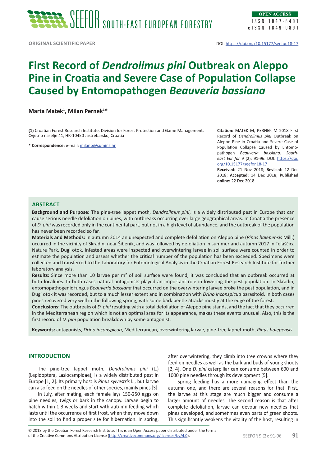 First Record of Dendrolimus Pini Outbreak on Aleppo Pine in Croatia