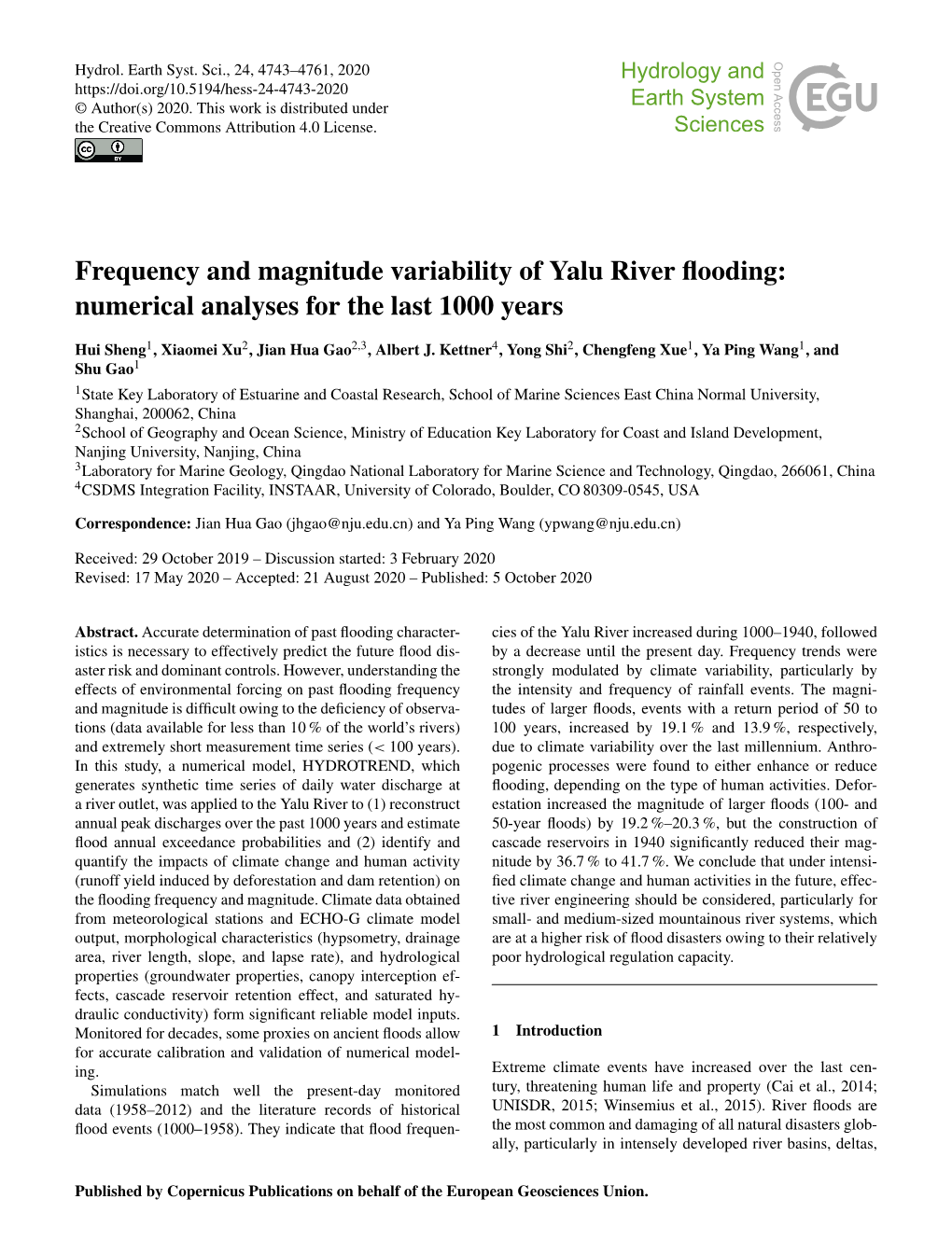 Frequency and Magnitude Variability of Yalu River Flooding