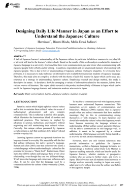 Designing Daily Life Manner in Japan As an Effort to Understand the Japanese Culture Herniwati*, Dianni Risda, Melia Dewi Judiasri