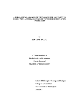 A Theological Analysis of the Non-Church Movement in Korea with a Special Reference to the Formation of Its Spirituality