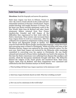 Saint Isaac Jogues Worksheet