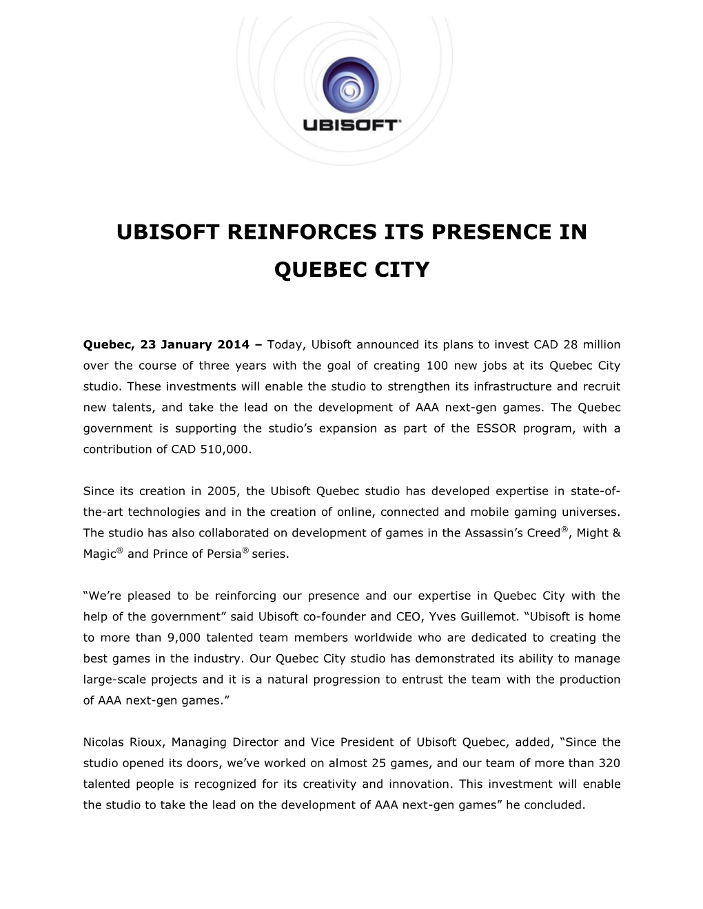 Ubisoft Reinforces Its Presence in Quebec City