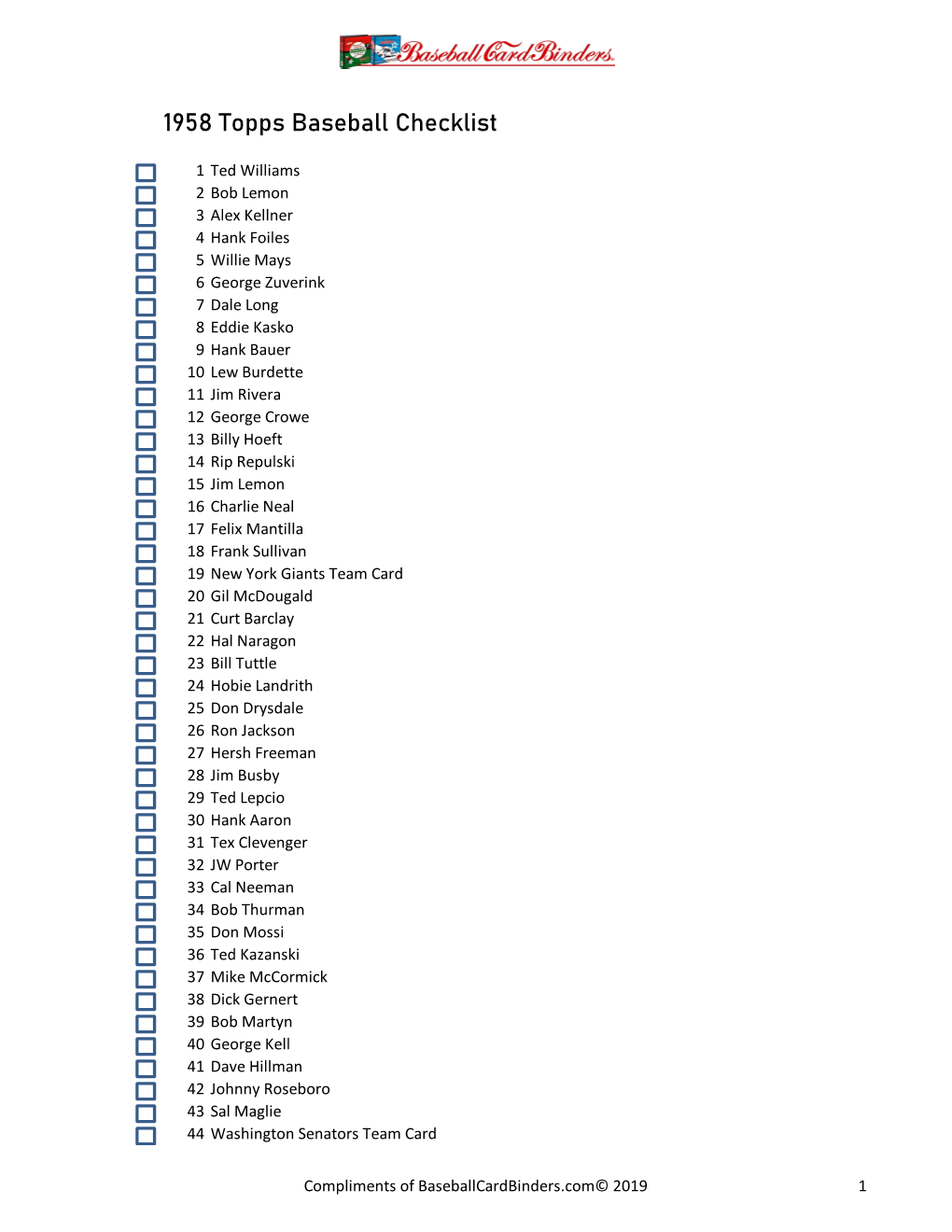 1958 Topps Baseball Checklist