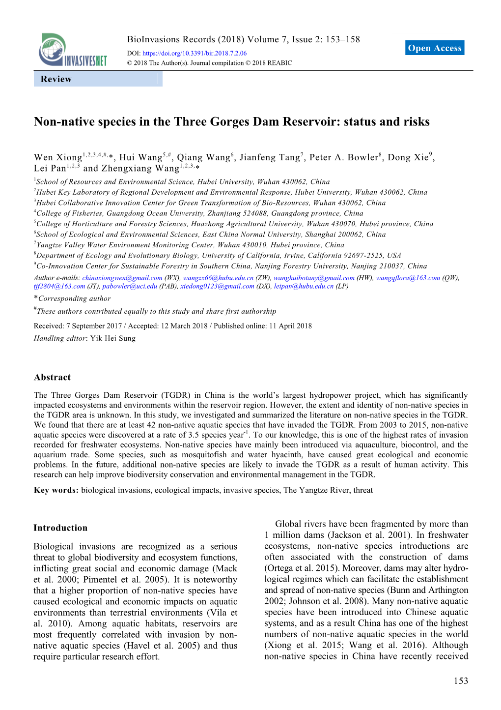 Non-Native Species in the Three Gorges Dam Reservoir: Status and Risks