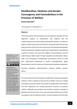 Neoliberalism, Hindutva and Gender: Convergence and Contradictions in the Provision of Welfare Amrita Chhachhi*