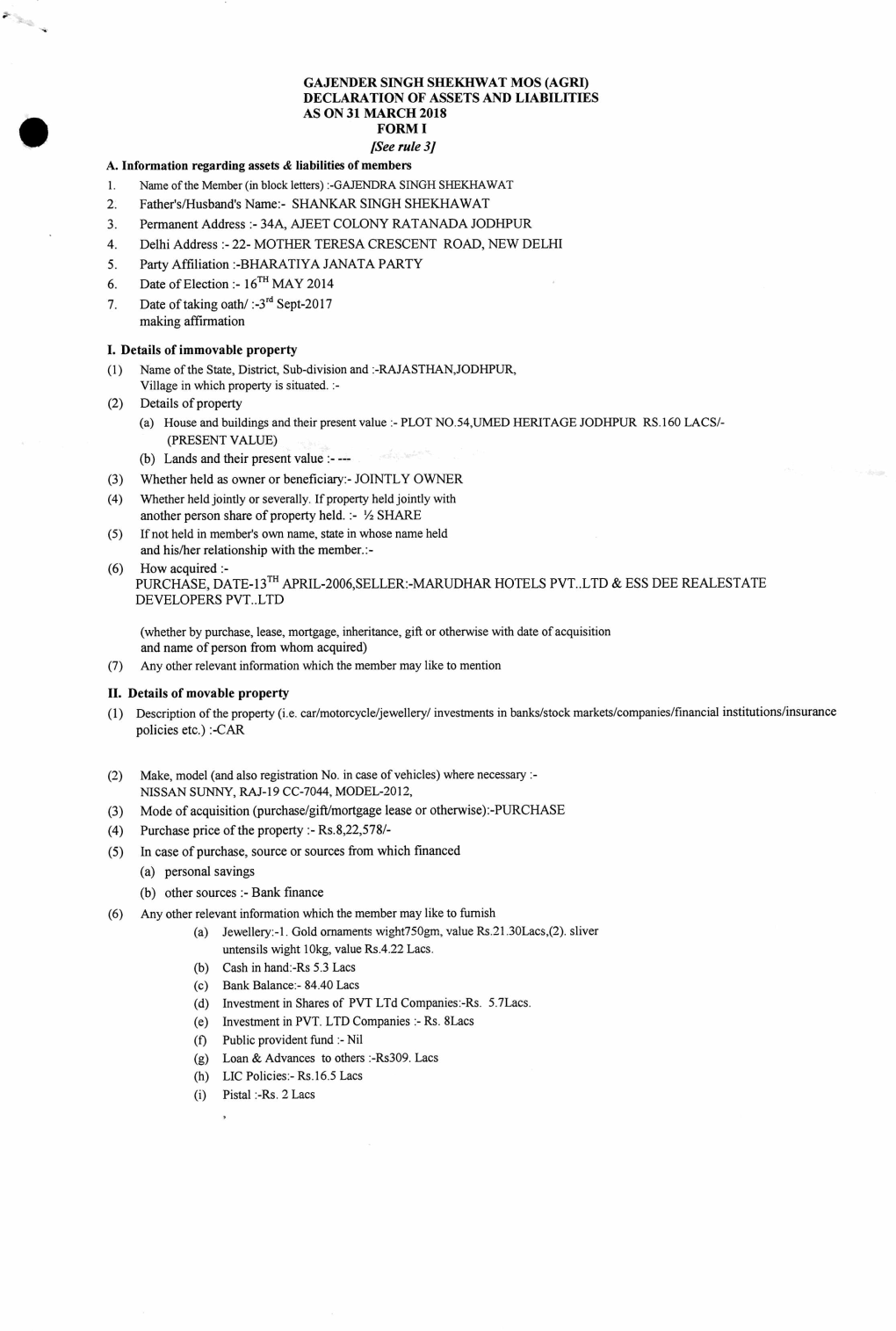 GAJENDER SINGH SHEKHWAT MOS (AGRI) DECLARATION of ASSETS and LIABILITIES AS on 31 MARCH 2018 FORM I [See Rule 3] A