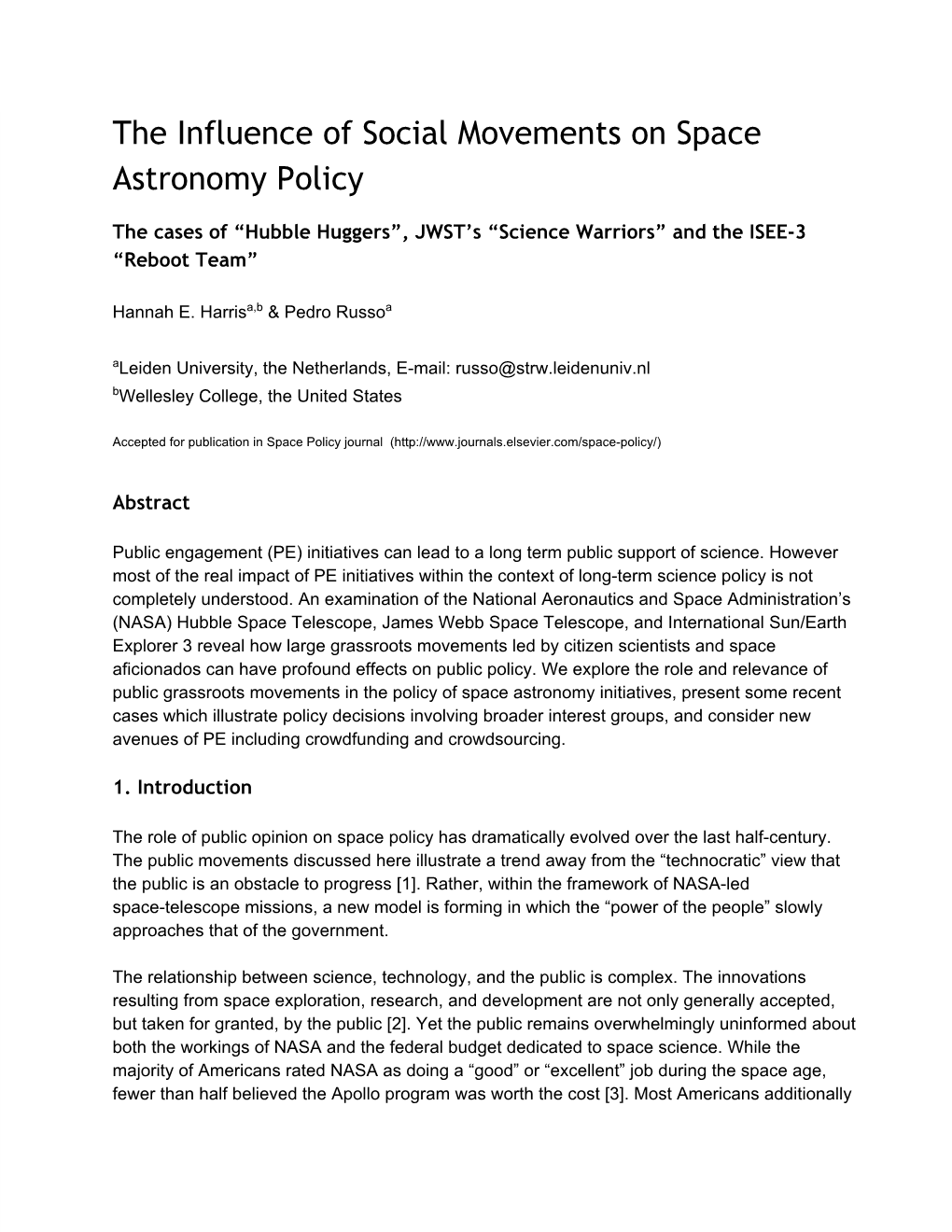 The Influence of Social Movements on Space Astronomy Policy