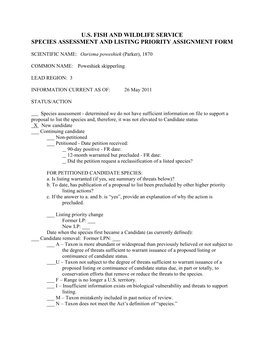 U.S. Fish and Wildlife Service Species Assessment and Listing Priority Assignment Form