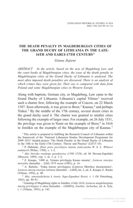 The Death Penalty in Magdeburgian Cities of the Grand Duchy of Lithuania in the Late- 16Th and Early-17Th Century 1 Gitana Zujienė