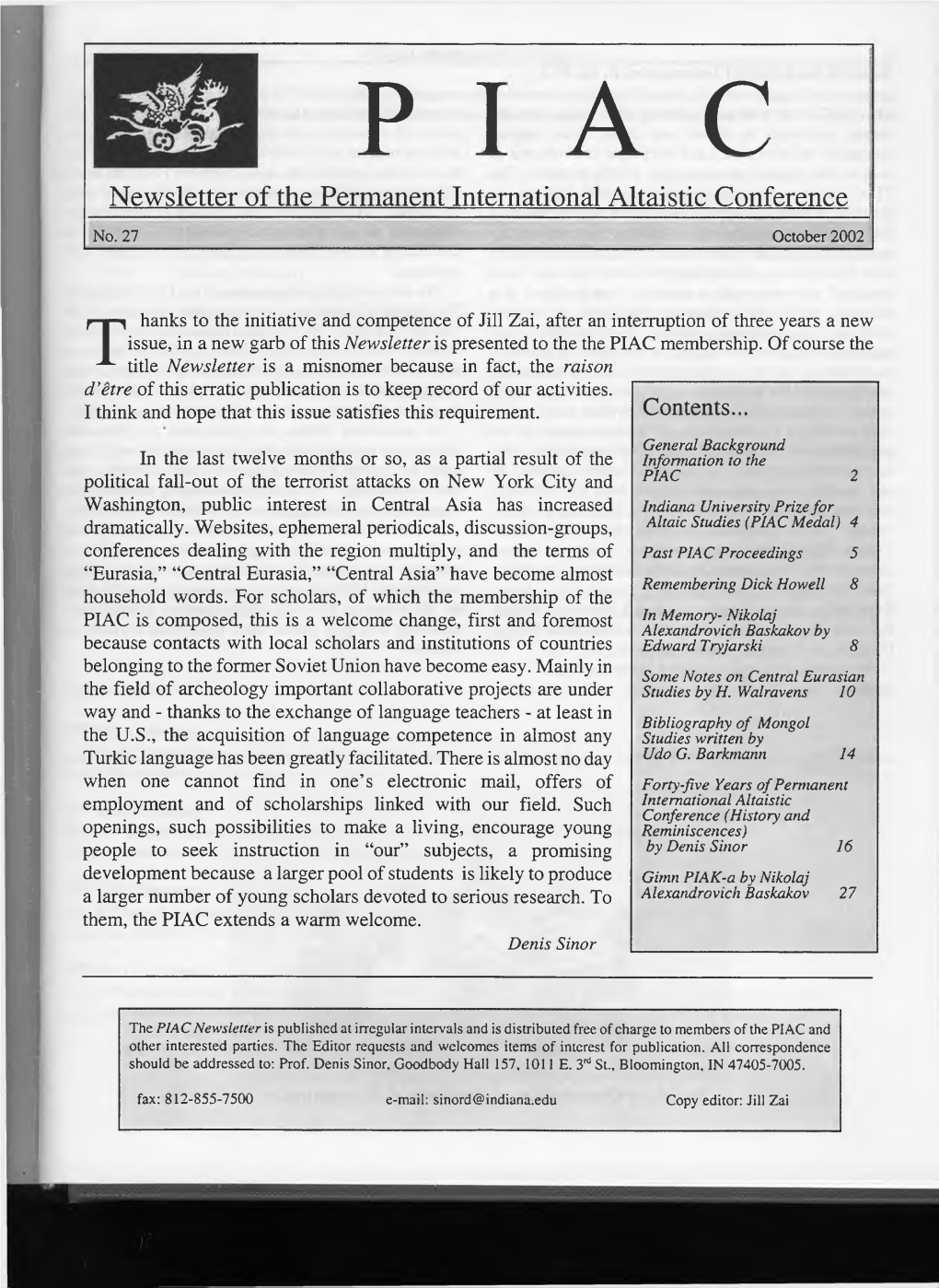 Newsletter of the Permanent International Altaistic Conference