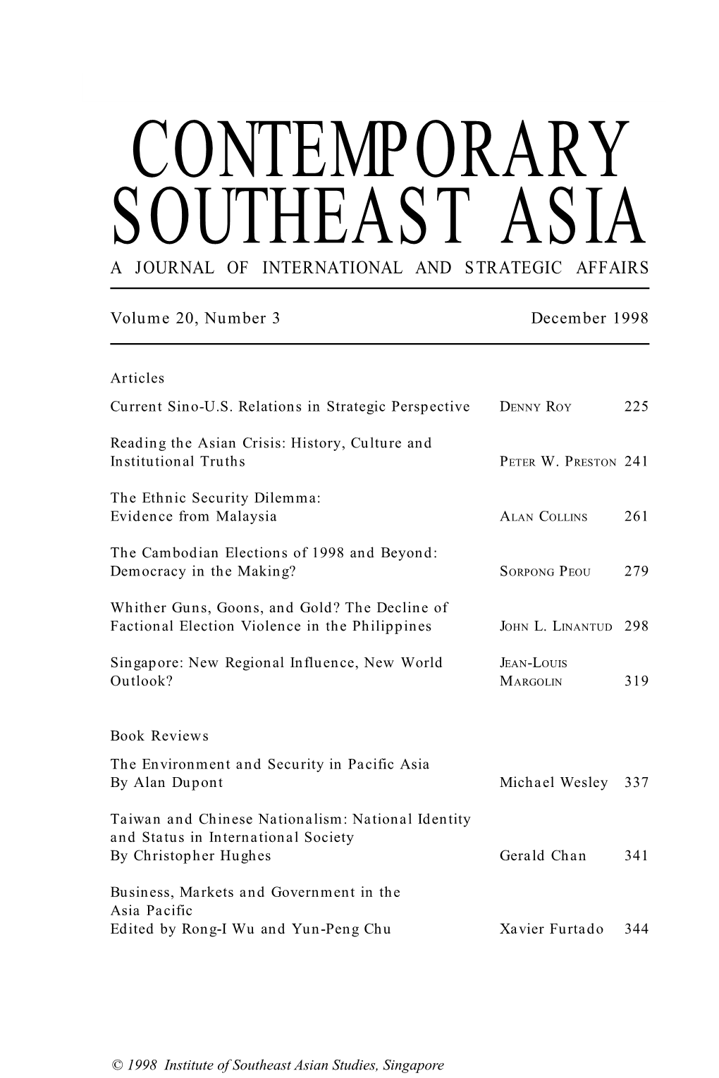 Contemporary Southeast Asia a Journal of International and Strategic Affairs