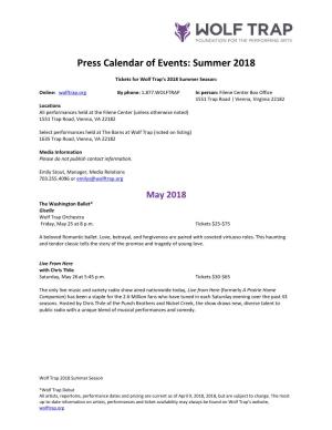 Press Calendar of Events: Summer 2018
