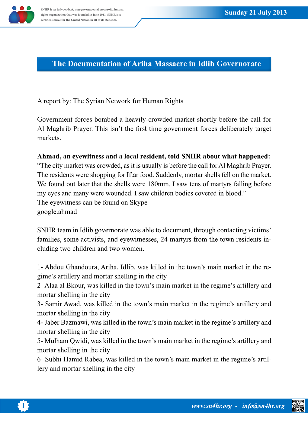 The Documentation of Ariha Massacre in Idlib Governorate