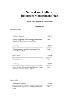 Natural and Cultural Resources Management Plan, Sequoia And