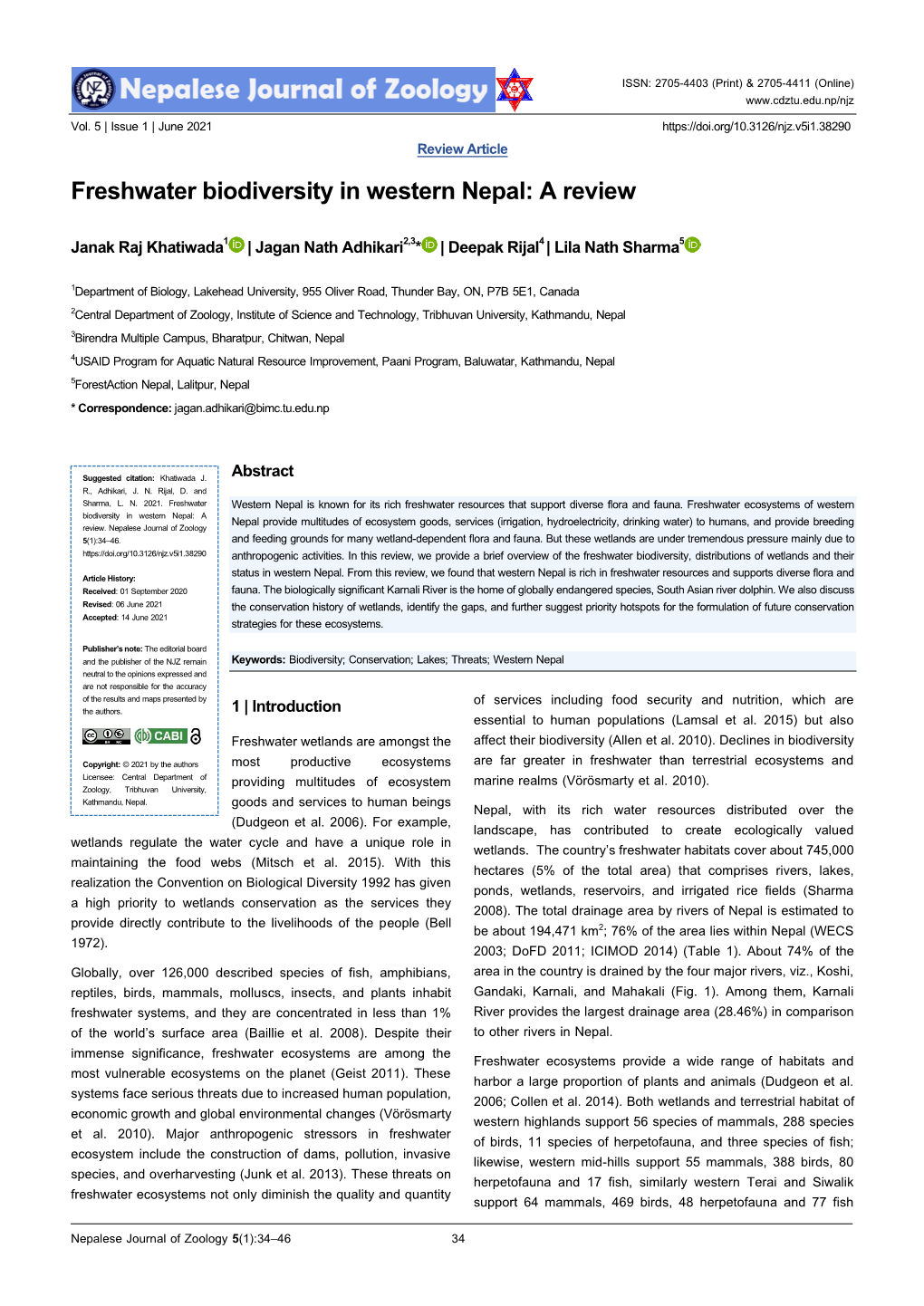 Freshwater Biodiversity in Western Nepal: a Review