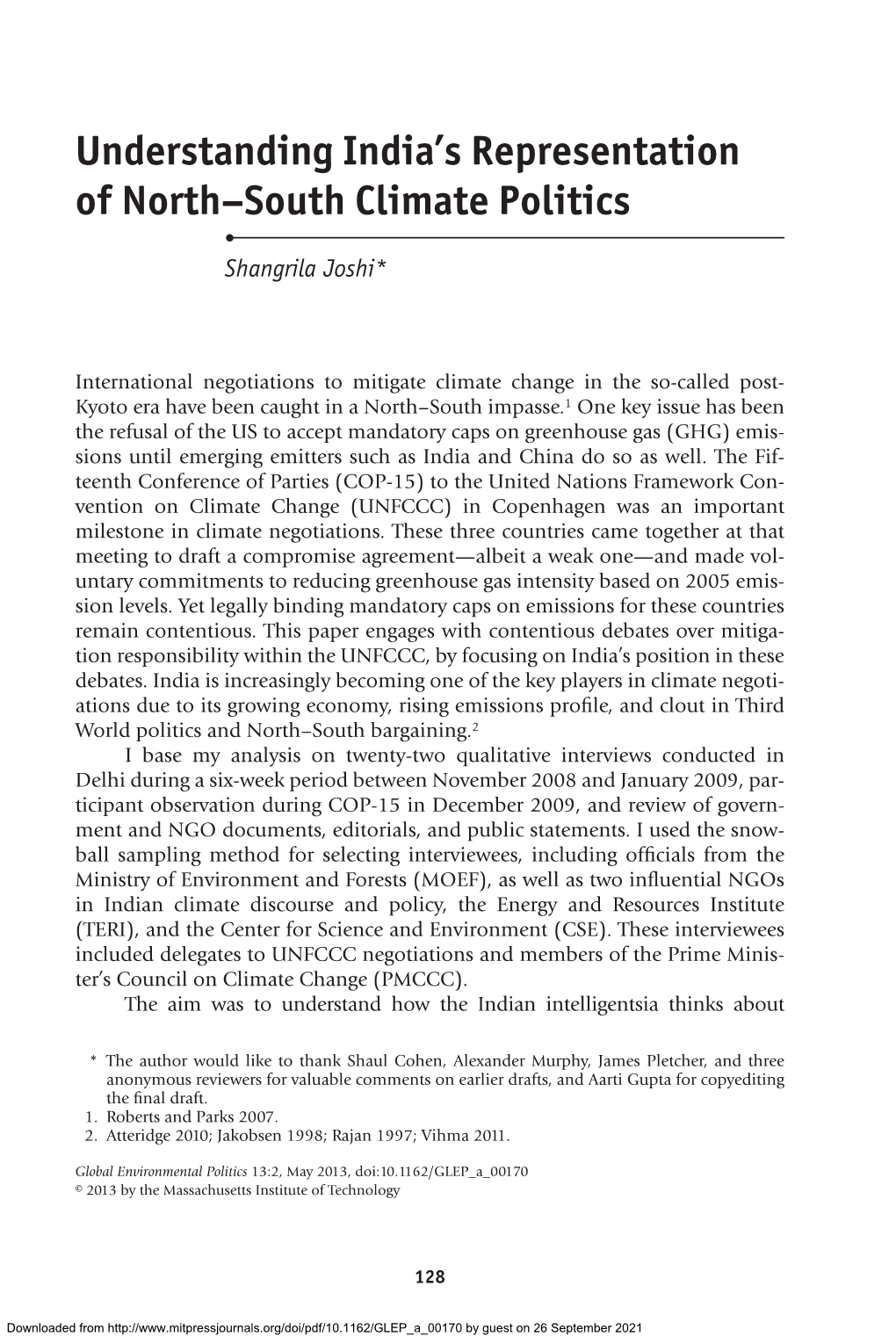 Understanding India's Representation of North–South Climate Politics