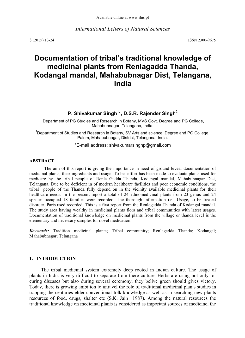 Documentation of Tribal's Traditional Knowledge of Medicinal Plants From