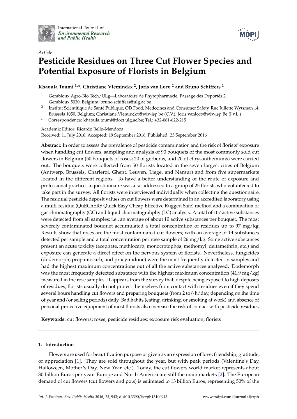 Pesticide Residues on Three Cut Flower Species and Potential Exposure of Florists in Belgium